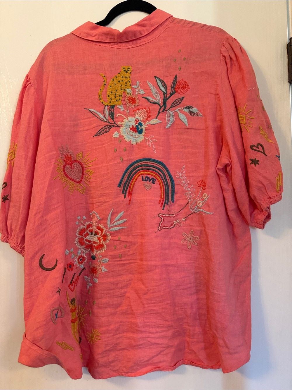 Johnny Was Pink Embroidered Linen Button-Front Blouse - Picture 3 of 3